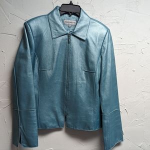 Sharon Young Women Sz S Leather Jacket Teal Lined Zip Closure